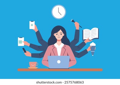 Multitasking businesswoman juggles numerous tasks with ease, demonstrating high productivity and efficiency. Perfect for presentations on time management, work performance, and success.