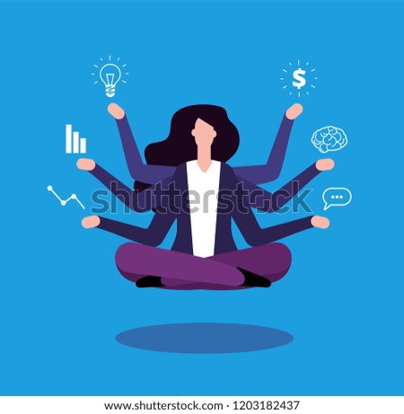 Multitasking businesswoman. Office manager administrator doing professional tasking. Effective management vector concept. Lady multitasking business busy, businesswoman manager illustration