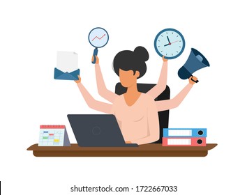 Multitasking businesswoman. Professional competence concept. Multi-tasking office worker. Vector illustration on white background.