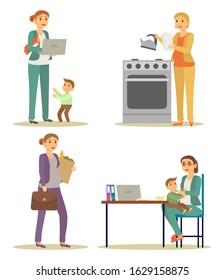 Multitasking businesswoman working, housekeeping and taking care of child vector. Pregnant woman work at laptop, cooking and buying groceries. Feeding little child and making report illustration