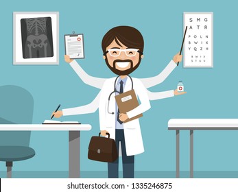 Multitasking busy male doctor smiling. Professional standing in the hospital