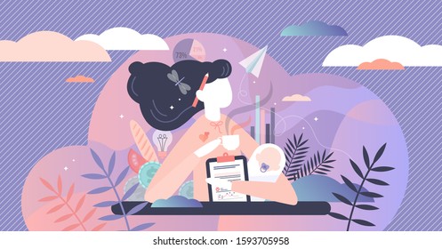 Multitasking busy mom and business woman,vector illustration tiny person concept. A woman trying to juggle and balance family life,kids,career and house work. Mother's troubled mind confused thoughts.