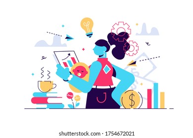 Multitasking Busy Mom And Business Woman,vector Illustration Tiny Person Concept. A Woman Trying To Juggle And Balance Family Life,kids,career And House Work. Mother's Troubled Mind Confused Thoughts.