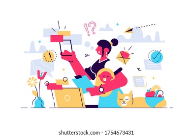 Multitasking Busy Mom At Home Concept, Vector Illustration Tiny Female Person Concept. A Woman Managing The Balance Between Family Life, House Work And Business Career. Overloaded Person In Pressure.