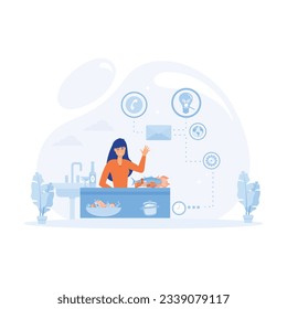 Multitasking busy mom at home concept, A woman managing the balance between family life, house work and business career,  flat vector modern illustration