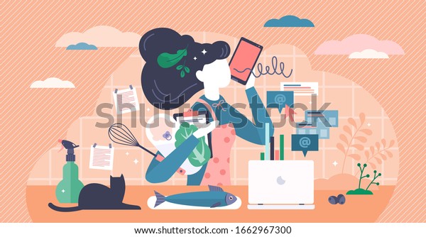 Multitasking busy mom at home concept, vector\
illustration tiny female person concept. A woman managing the\
balance between family life, house work and business career.\
Overloaded person in\
pressure.
