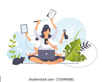 Multitasking. Busy Woman With Many Arms Doing Many Tasks At The Same Time. Vector Flat Illustration Concept Freelancer Character Work From Home Office. Time Management. Data Analysis. Businesswoman