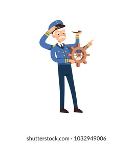Multitasking captain character behind the wheel, sailor in blue uniform with many hands smoking pipe vector Illustration on a white background