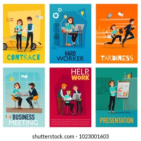 Multitasking cards set with young woman performing different business tasks together with her employees flat vector illustration