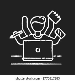 Multitasking chalk white icon on black background. Work overload. Efficiency in management. Productive employee. Job balance. Professional entrepreneur. Isolated vector chalkboard illustration