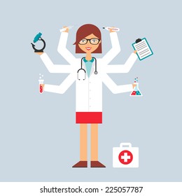 Multitasking character: doctor. Flat style, vector illustration 