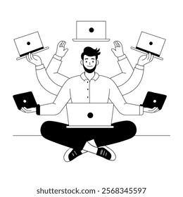 Multitasking character illustration in hand drawn style