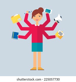 Multitasking character: manager. Flat style, vector illustration 