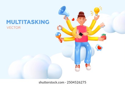 Multitasking character. A person with many tasks and affairs. Effective work. In 3D style. A woman with many hands. Functionality on mobile. Vector illustration