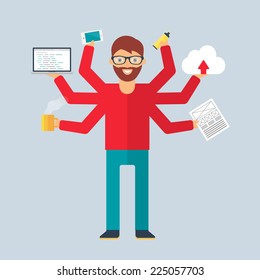 Multitasking character: programmer. Flat style, vector illustration 