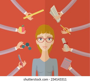 Multitasking character, student. Concept of education. Flat style, vector illustration