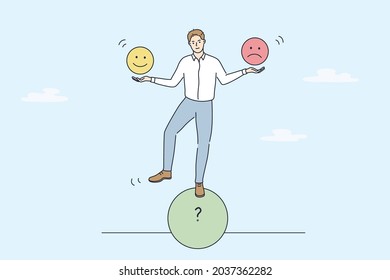 Multitasking and cheering business concept. Young smiling businessman standing on roll circle shape balancing holding positive and negative emoji in hands vector illustration 