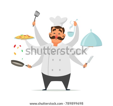Multitasking chef cooking. Vector funny character isolate on white. Multitask kitchen chef cooking talented illustration
