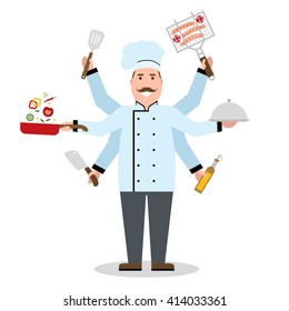 Multitasking chef with six hands standing on white background and holding a meal, knife, paddle, pan with vegetabes, oil and barbeque. Successful cook. Restaurant chef. Skillful and talented