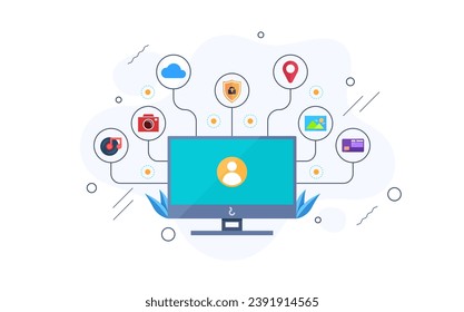 Multitasking computer vector design with lines connecting to various service applications. advanced technology concept design. Computer - laptop