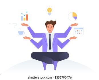 Multitasking concept. Business man sitting and meditating in lotus pose with four hands. Freelance work and effective time management. Vector illustration in flat linear style.