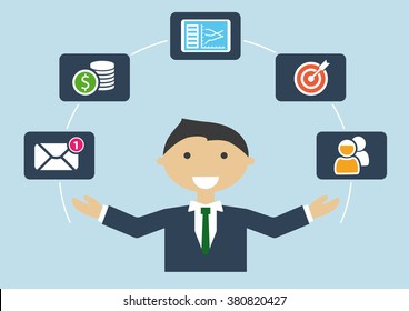 Multitasking concept with business man in suite and tie managing different activities like email, budget, colleagues, customers, targets and meeting schedules.