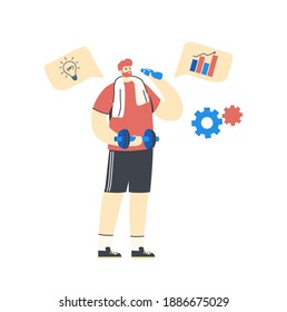Concepto de multitarea. Personaje de negocios ejerciendo con Dumbbell en gimnasio con iconos de oficina aislados en fondo blanco. Administración de Tiempo Efectiva, Planificación de Programas. Ilustración de vectores lineales