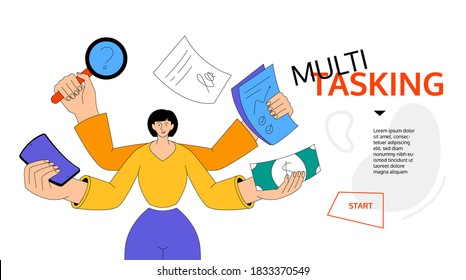 Concepto de multitarea - Banner web de diseño plano colorido con espacio de copia para texto. Gestión eficiente del flujo de trabajo y las tareas. Una ilustración con una chica sosteniendo un smartphone, una persiana, papeles, dinero