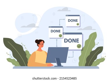 Multitasking concept. Effective and successful office worker doing many things at once. Business efficiency, productivity and time management concept. Flat vector illustration