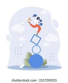 Concepto de multitarea. Trabajadores de oficina efectivos y exitosos haciendo muchas cosas a la vez. Concepto de eficiencia empresarial, productividad y gestión del tiempo. Ilustración vectorial plana