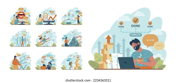 Multitasking concept. Effective and successful office worker doing many things at once. Business efficiency, productivity and time management concept. Flat vector illustration