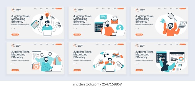 Conceito de multitarefa de página inicial com modelos de slide definidos em design plano. Cabeçalhos do site com pessoas ligando, trabalhando, ganhando dinheiro e fazendo tarefas ao mesmo tempo no escritório. Ilustrações vetoriais.