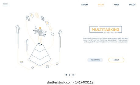 Multitasking concept - line design style isometric web banner on white background with copy space for text. A header with businessman on a pyramid juggling with tasks, calendar, bitcoin, email, gear