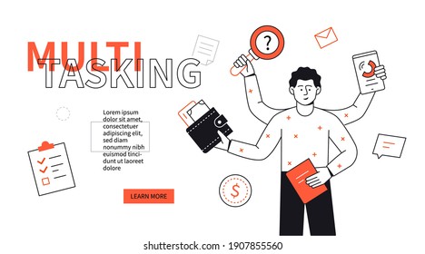 Multitasking concept - line design style web banner with copy space for text. An illustration with a boy holding a wallet, magnifier, smartphone and notebook in his hands. Task management idea