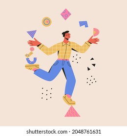 Multitasking Concept. Man Balances On A Triangle And Juggle Abstract Shapes. Modern Vector Cartoon Flat Illustration In Trendy Colors. Time Management, Productivity, Skillful.