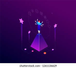 Multitasking concept - modern colorful isometric vector illustration on dark blue background. Composition with businesswoman on a pyramid juggling with tasks, images of calendar, bitcoin, email, gear
