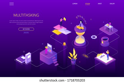 Multitasking concept - modern isometric vector web banner with copy space for text. Scenes with a businesswoman working and meditating. Task, efficient workflow management, business and finance themes