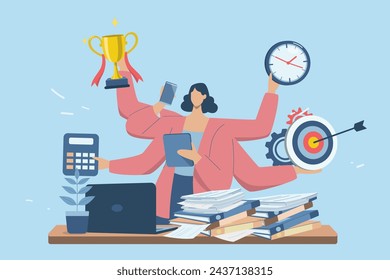 Multitasking concept, Multitask and effective time management, Business woman is busy doing many activities with many hands in a work suit, Vector design illustration.