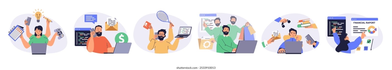 Multitasking concept set with characters in flat design for web. People brainstorming, planning, calling, talking, playing, earning money, doing tasks in same time in office. Vector illustrations.