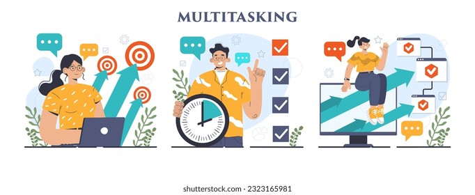 Multitasking-Konzept-Set. Wirksamer und kompetenter Büroangestellter, der mehrere Aufgaben gleichzeitig verwaltet. Geschäftsproduktivität, Terminplanung und Fortschrittsverfolgung. Flache Vektorgrafik