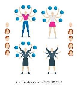 Multitasking concept vector illustration. Female with six hands in different clothes. Part of set.