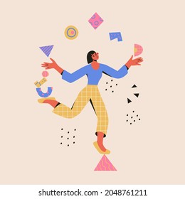 Multitasking concept. Woman balances on a triangle and juggle abstract shapes. Modern vector cartoon flat illustration in trendy colors. Time management, productivity, skillful.