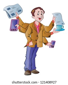 Multi-tasking Dad with Newspaper Tablet PC Pencil Mobile Phone Document and Cup of Coffee, vector illustration