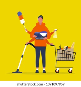 Multitasking daily routine concept. Young male character with four hands doing a lot of household chores simultaneously  / flat editable vector illustration. clip art