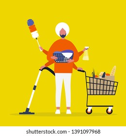 Multitasking daily routine concept. Young indian character with four hands doing a lot of household chores simultaneously  / flat editable vector illustration. clip art
