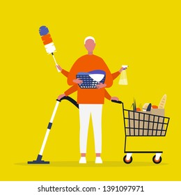 Multitasking daily routine concept. Young male character with four hands doing a lot of household chores simultaneously  / flat editable vector illustration. clip art