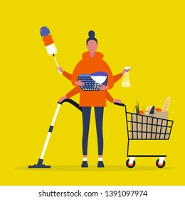 Multitasking daily routine concept. Young female character with four hands doing a lot of household chores simultaneously  / flat editable vector illustration. clip art