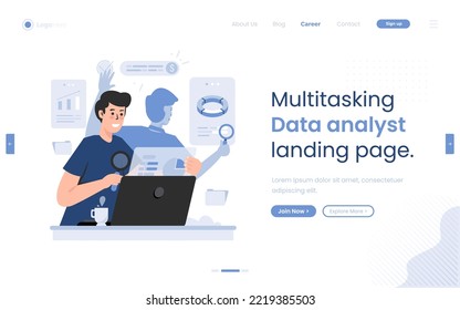 Ilustración del analista de datos multitarea en la página de inicio