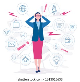 Multitasking, Deadline. Stress in the office, Rush work. Vector illustration for web banner, infographics, mobile. 
