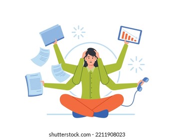 Multitasking, Deadline, Time Management Concept. Stressed Businesswoman With Many Arms Sitting In Yoga Lotus Position Doing Many Tasks At The Same Time in Office. Cartoon People Vector Illustration